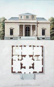 1827年に出版されたピエール・ジャック・ゴエッヘビュールの「Choix des Monuments, Edifices et Maisons les plus remarquables du Royaume des Pays-Bas」より、Laekenのカントリーハウス（アクアチント） 作： ピエール・ジャック・ゲブエル