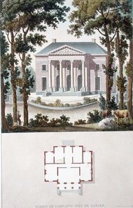 オランダ・ハーレム近郊のカントリーハウス（1827年に出版されたピエール・ジャック・ゴエッヘビュールの「Choix des Monuments, Edifices et Maisons les plus remarquables du Royaume des Pays-Bas」より）（アクアチント 作： ピエール・ジャック・ゲブエル