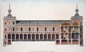 ベルギー、ロンセのシャトーの断面図、Pierre Jacques Goetghebuer著「Choix des Monuments, Edifices et Maisons les plus remarquables du Royaume des Pays-Bas」（1827年発行）より（アクアチント）（186086も参照