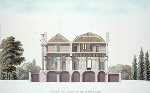 ピエール・ジャック・ゴエッヘビュールが1827年に出版した「Choix des Monuments, Edifices et Maisons les plus remarquables du Royaume des Pays-Bas」より、ベルギー、ウーデナルデ近郊のワナゲム城の断面図（アクアチント）（186077も参照のこと）。