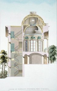 アンヴェール近郊のヒンゲン亭の断面図、ピエール・ジャック・ゴエッヘビュール著「Choix des Monuments, Edifices et Maisons les plus remarquables du Royaume des Pays-Bas」（1827年発行）より（アクアチント）（186054も参照 作： ピエール・ジャック・ゲブエル