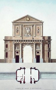 デルフト、ロッテルダムのゲートウェイ（1827年に出版されたピエール・ジャック・ゴエッヘビュールの「Choix des Monuments, Edifices et Maisons les plus remarquables du Royaume des Pays-Bas」より）（アクアチント 作： ピエール・ジャック・ゲブエル