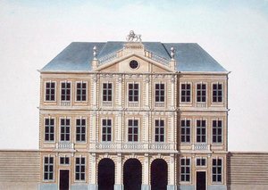 ゲントのオクトーイホテル、1827年に出版されたピエール・ジャック・ゲッヘッビュールの「Choix des Monuments, Edifices et Maisons les plus remarquables du Royaume des Pays-Bas」より（アクアチント）。 作： ピエール・ジャック・ゲブエル