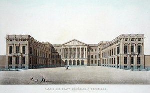 ブリュッセルのエステイト・ジェネラル宮殿、ピエール・ジャック・ゲッヘッビュール著「Choix des Monuments, Edifices et Maisons les plus remarquables du Royaume des Pays-Bas」（1827年刊）より（アクアチント）。 作： ピエール・ジャック・ゲブエル