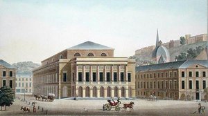 リエージュの劇場、ピエール・ジャック・ゲッヘッビュール著「Choix des Monuments, Edifices et Maisons les plus remarquables du Royaume des Pays-Bas」より、著者が彫刻し、1827年に出版された（アクアチント）。 作： ピエール・ジャック・ゲブエル