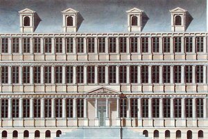 ゲントの市庁舎、1827年に出版されたピエール・ジャック・ゲトゲトビュールの「Choix des Monuments, Edifices et Maisons les plus remarquables du Royaume des Pays-Bas」より（アクアチント） 作： ピエール・ジャック・ゲブエル