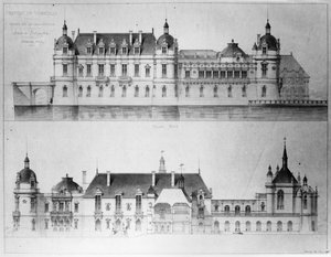 シャンティイ城の北側ファサードとプチシャトーのファサードの再構成のデザイン、1875年（紙に鉛筆とトイレ）（白黒写真）
