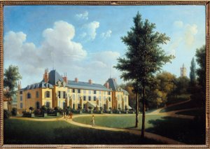 第一帝政期：「マルメゾン城の眺め、公園に面したファサード」 ピエール・ジョセフ・ペトロ（1795年から1819年に活動）の絵画 1805年日。0,38x0,55 m マルメゾン、ミュゼ・デュ・シャトー 作： Pierre Joseph Petit