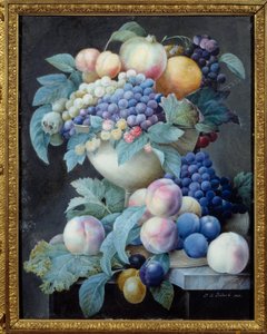 カップに入ったブドウの実ピエール・ジョセフ・ルドゥーテ（1759-1840）の絵画 作： Pierre Joseph Redouté