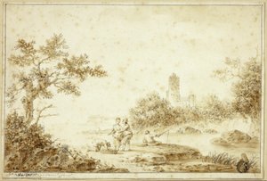 小川沿いの人物のいる風景 作： Pierre Joseph Wallaert
