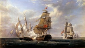 フランスのフリゲート艦 "La Canonniere "とイギリス艦 "Le Tremendous "の戦い le 21/04/1806」 絵画：Pierre Gilbert（1783-1860） 1832 Sun.0.93×1.71メートル 作： Pierre Julien Gilbert
