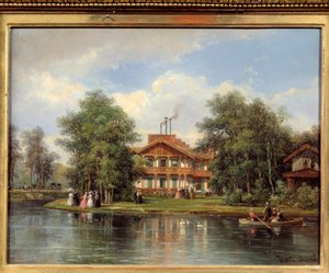 ヴァンセンヌの森にあるレストラン「黄色い扉のシャレー」。ジャスティン・オヴリ（1806 - 1879）による絵画 作： Pierre Justin Ouvrie