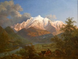 夕暮れ時のサランシュからのモンブランの眺め 作： Pierre Louis de La Rive