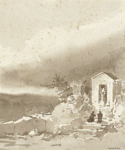 山の中の礼拝堂の前の階段にひざまずく二人 作： Pierre Luc Charles Ciceri