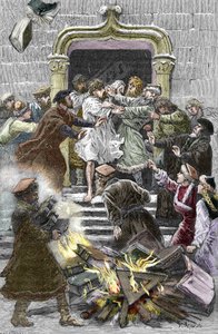 Socinianismi ja pieni puolalainen kirkko: Krakovan asukkaat polttavat Faustus Socinuksen (Faust Socin tai Fausto Sozzini) (1539-1604) teoksia julkisella aukiolla pakottaen hänet osallistumaan autodafeen vuonna 1598 (sosiinilaisuus ja puolalaiset veljet: 作： Pierre Mejanel