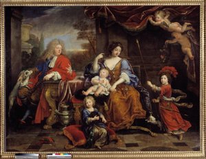 フランスのルイ家（1661-1711）ルイ14世（1638-1715）の息子で、大王太子として知られる」1687年」妻のマリー・アンヌ・クリスティーヌ・ドゥ・バヴィエールと子供のルイ、フィリップ（スペインのフィリップ5世となる）、シャル 作： Pierre Mignard