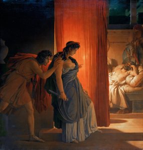 眠っているアガメムノンを殺す前にクライテムネストラはためらう 作： Pierre Narcisse Guerin