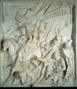 アレクサンダー大王（紀元前356年～紀元前323年）は、ギリシャの哲学者ディオジェン（紀元前413年～紀元前327年）と樽の中で出会った」 ピエール・ピュジェ（1620年～1694年）による大理石の浅浮彫り。ルーヴル美術館（Salle des cent Suisse）所蔵。パリ、ルーヴル美術館 作： Pierre Puget