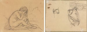 女性のヌードの習作（おそらく未実現の寓意画のため）（直訳）; ドレープの研究と風景の研究（裏） 作： Pierre Puvis de Chavannes