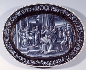 跪いてヨシアスを読むサパン ピエール・レイモン（1537年から1584年の間に活動）作の『Livres de la Loi Plat emaillet with rehaust d