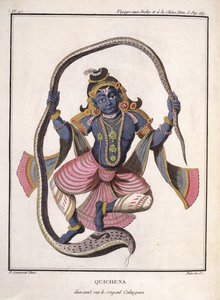 ポワソンによって刻まれた、ピエールソネラトによる「インドと中国への航海」から1782年に出版された、カリヤの蛇の上で踊るクリシュナ 作： Pierre Sonnerat