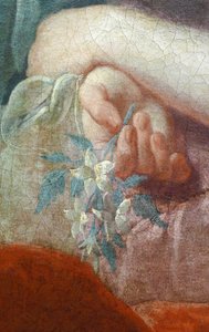 開花枝を持つ若い女性の手。 プルハリエックス夫人と娘の肖像画の詳細、1728年頃（キャンバスに油彩） 作： Pierre Subleyras