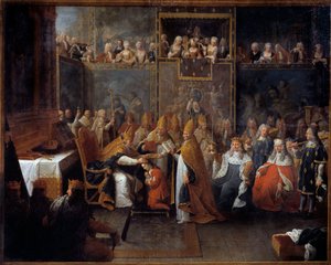 ルイ15世の戴冠式 ルイ15世（1710年～1774年）の戴冠式は、1722年10月25日にランスの大聖堂で、摂政であるオルレアン公（1674年～1723年）と大勢の観衆の前で、ランスのアルシュヴェクによって行われた。ピエール・サブレイラスによる絵画（16