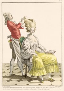 彼女の美容師とペニョワールランジェロの若い女性、デュパンによって彫刻された「Galerie des Modes et Costumes Francais」からのプレート31、1778 作： Pierre Thomas Le Clerc