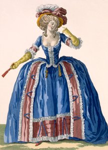 英国風のフープドレス、ブルゴーニュのフリルの縁取り、ブルーの刻印入り、「Galeries des Modes et Costumes Francais」のプレートno.182、c.1778-87 99：clothing; 作： Pierre Thomas Le Clerc