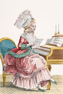 J.ペリシエによって彫刻されたハープシコードで音楽を学ぶ若い女性、「Galerie des Modes et Costumes Francais」のプレート149