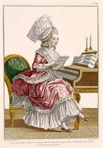 ハープシコードで音楽を学ぶ若い女性、プレート149「Galerie des Modes et Costumes Francais」、J。ペリシエ、1778年 作： Pierre Thomas Le Clerc