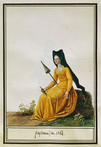 紡績をするフランス人女性農夫、Pierre Antoine Leboux de La Mesangere（1761-1831）作、水彩画