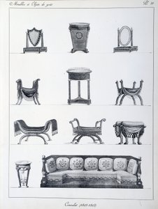 当時の領事館の家具（1802-1803年）。ピエール・ド・ラ・メサンジェー（1761-1831）のコレクション「Collection de mobilier et objets de taste」から抜粋したプレート。パリ装飾美術 作： Pierre de La Mesangere