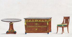 マホガニー製のテーブル、チェスト、椅子、プレート241、「Collection de meubles et objects de gout（家具と嗜好品のコレクション）」の図版 作： Pierre de La Mesangere