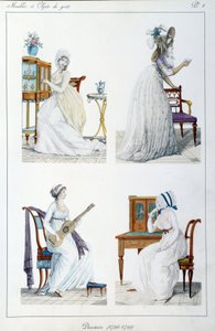 様々な芸術活動や社会活動に従事する当時の執行部の女性たちのポートレート。ピエール・ド・ラ・メサンジェー（1761-1831）のコレクション「趣味の品々コレクション」から抜粋したプレート。1802.パリ装飾美術 作： Pierre de La Mesangere