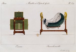 屏風と揺れる揺りかご」 プレート589 「Collection de meubles et objects de gout（家具と嗜好品のコレクション）」の図版 作： Pierre de La Mesangere