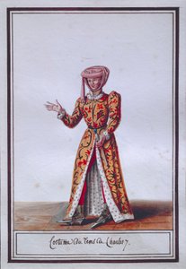 シャルル7世（1403-1461）の時代の衣装を描いた女性用ファッションプレート、ピエール・アントワーヌ・ルブー・ド・ラ・メサンジェー（1761-1831）作、水彩画 作： Pierre de La Mesangere