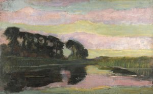 ピンクと黄緑色の空を持つ川の風景、1907～1908年頃。 作： Piet Mondrian