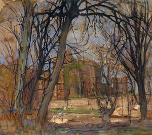 春の太陽（レンテゾン）。城の廃墟。ブレデローデ, c.1909-10 (メイソンイトに油彩) 作： Piet Mondrian