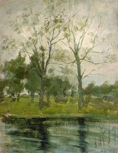 水路の背後にある 2 本の木のシルエット 作： Piet Mondrian