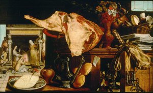 "Vanitas et Christ chez Marthe et Marie" (Vanity Still Life (Christ in the House of Martha and Mary) Peinture de Pieter Aertsen (1508-1575) - 1552 - 木に油彩 Dim 61,5x101 cm Art History Museum, Vienne 作： Pieter Aertsen