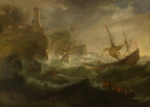 岩の多い海岸沖での船の創設、1657〜1701年頃（キャンバスに油彩） 作： follower of Pieter Mulier