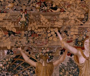 フランダースのタペストリー。 シリーズ Vertumnus と Pomona.Vertumnus が農夫に変身。 シリーズ第2弾のタペストリー。 ニンフミルラの変身右部分。 Pieter Coecke van Aelst のモデル サークル。 ブリュッセルのヴィルヘルム・パンネメーカーのマニュファクチュール。 1545年頃～ 作： Pieter (circle of) Coecke van Aelst