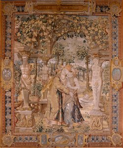 フランダースのタペストリー。 シリーズ Vertumnus と Pomona。 Vertumnus は Pomona にキスをします。 シリーズ第7弾のタペストリー。 Pieter Coecke van Aelst のモデル サークル。 ブリュッセルのヴィルヘルム・パンネメーカーのマニュファクチュール。 1545～1550年頃。 ファブリック ゴールド、シルバー、シルク、ウール。 サイズ 430×365cm。 作： Pieter (circle of) Coecke van Aelst