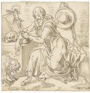 十字架、本、頭蓋骨のそばに座る聖ヒエロニムス 作： Pieter Aertsen (workshop of)