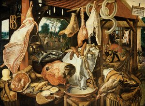 エジプトへの飛行、（肉市場）、1551 作： Pieter Aertsen