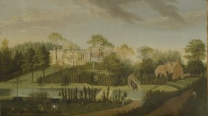 テラスから運河を挟んで別荘の横を見る、チズウィック・ヴィラ（油彩・キャンバス 作： Pieter Andreas Rysbrack