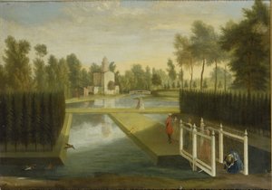 チズウィック・ハウスの川上の南側からバニョーの後方を見る（油彩・キャンバス 作： Pieter Andreas Rysbrack