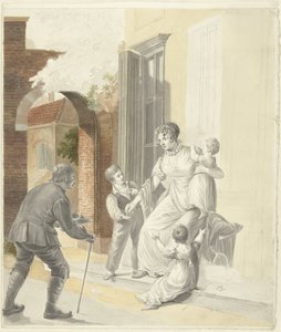 物乞いが女性から施しを受け取る 作： Pieter Bartholomeusz. Barbiers