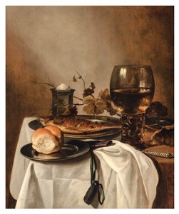 ドレープテーブルの上のロール、ニシン、シルバーソルトセラー、ラージローマー、ナイフ、1644年頃（パネルに油彩） 作： Pieter Claesz